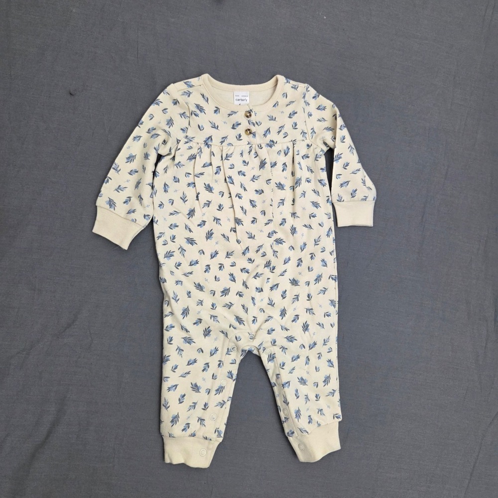 Carters Baby Girls 6M Floral Leaf Print Henley Jumpsuit Cream Blue
